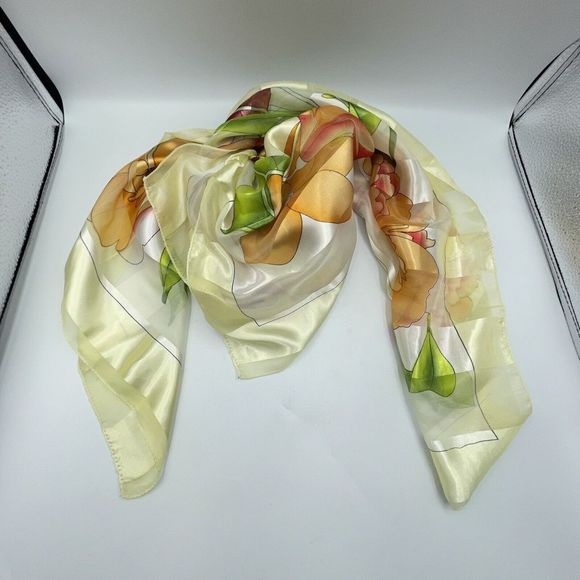 Silk Square Scarf Women 37 x 37 Inches Shawl Wrap floral Yellow - Picture 9 of 11
